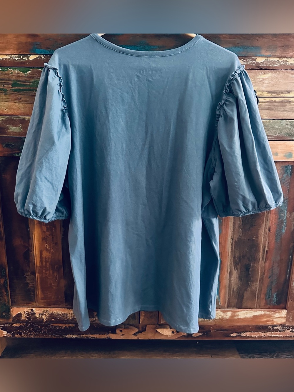 AnyBody Blue Puff Short Sleeve Henley Top Blouse Plus Size 2XL Boho Casual Knit - Picture 2 of 9